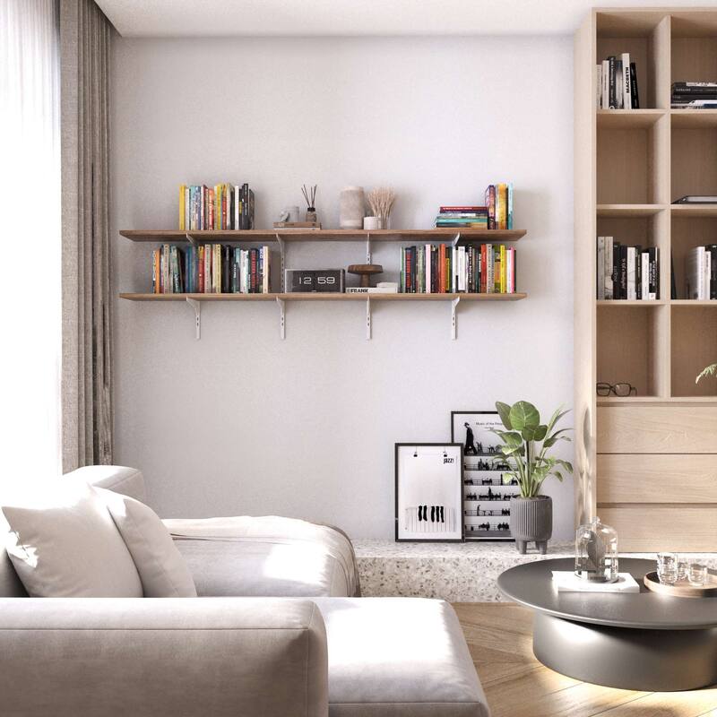 Wallniture Turin 72" Floating Wall Shelves with White Adjustable Brackets, Living Room & Office Decor, Hanging, Burnt,2,3,4 Tier - 2 Boards - 2 Tier