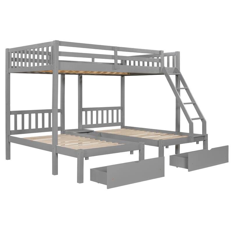 Wood Triple Bunk Bed with Drawers and Guardrails, Full Over Twin & Twin, Gray