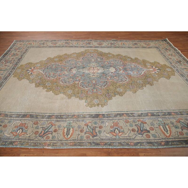 Hand Knotted Oriental 100% Wool Carpet Traditional Medallion Beige & Ivories Tabriz Area Rug - 10' 6'' X 7' 11''