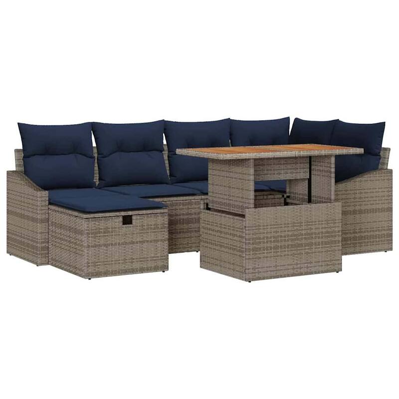 vidaXL 7 Garden Sofa Set with Cushions Black/Grey Poly Rattan - 91.9 x 48.6 x 27.2