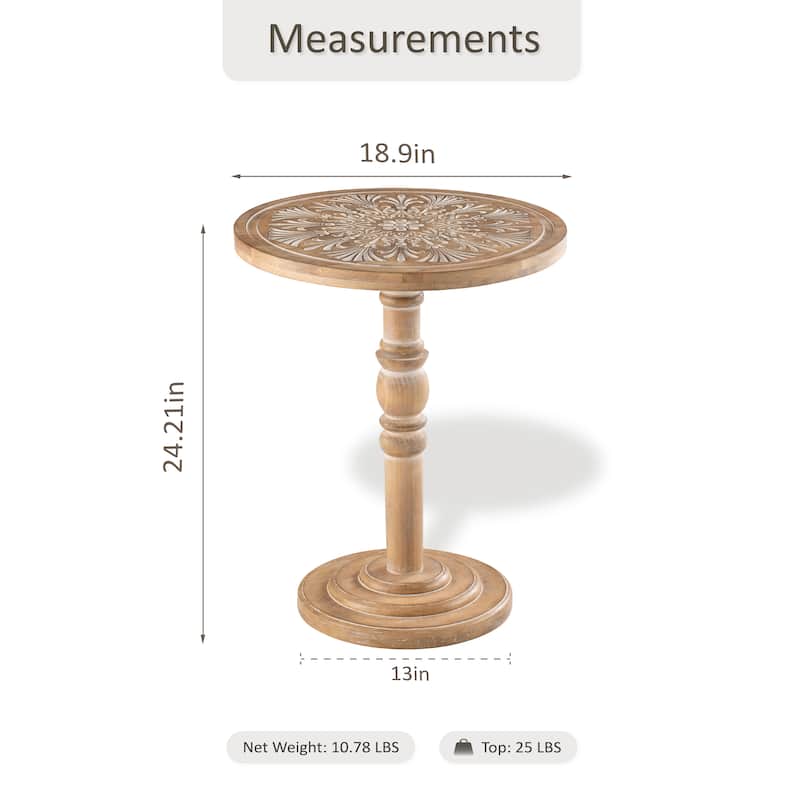 COZAYH Farmhouse Round Side Table with Carved Top, Rustic Pine Wood Pedestal Accent Table, Distressed Finish, Natural Wood