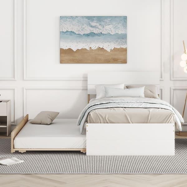 slide 2 of 9, Twin Size Bed with Trundle Bed, Wooden Platform Bed Frame with Headboard and Twin Size Trundle Bed, for Girls Boys Teens Adults White + Light Oak - Twin