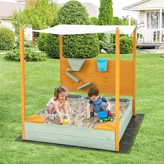 Kids Wooden Sandpit w/Removable Canopy & Water Bucket & Storage Bins