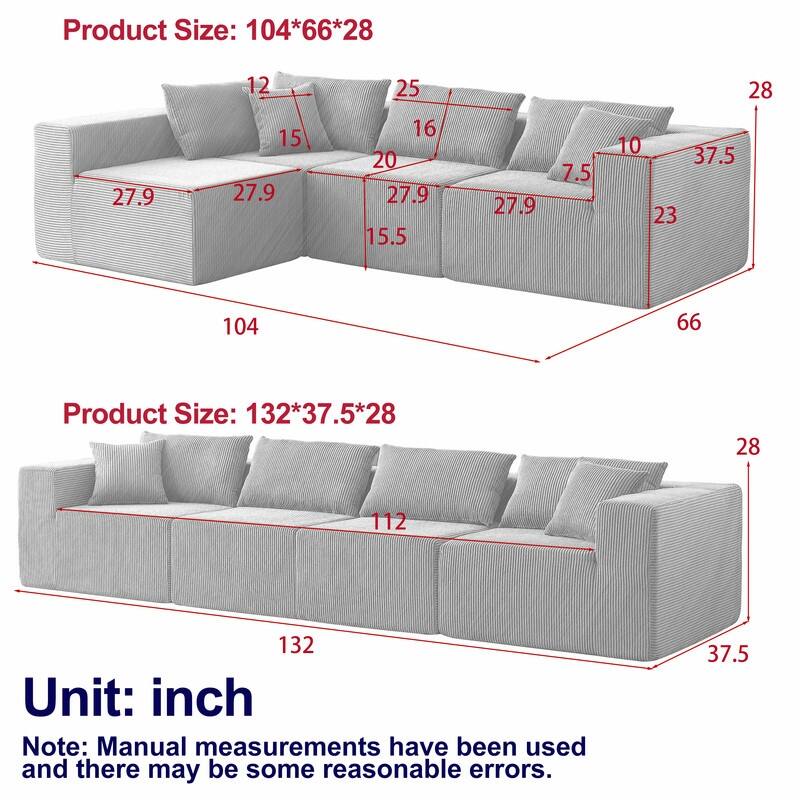 Corduroy Upholstered 104-Inch L Shaped Sectional Sofa