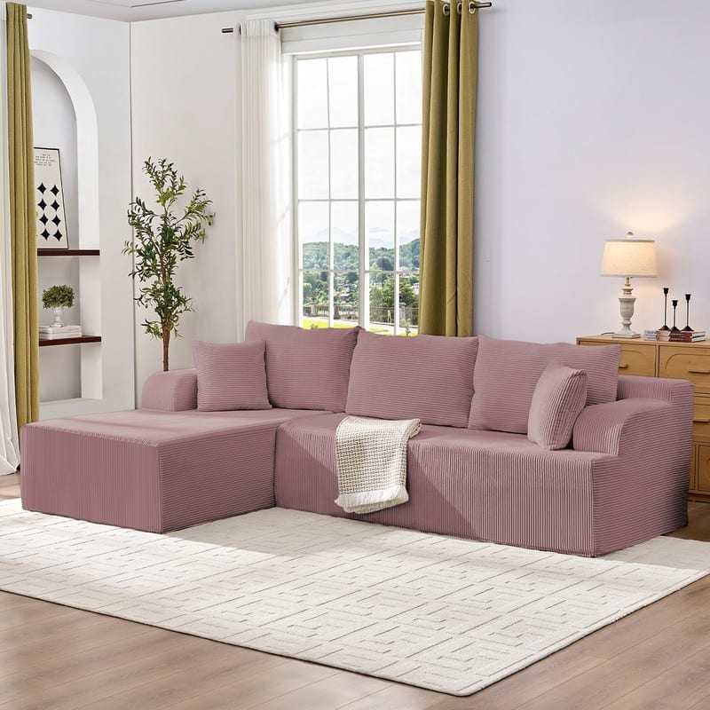 Mixoy 2-Pcs Free Combination Modular Sectional Sofas with Deep Seat,Corduroy L-Shaped Sofa with Chaise Lounge - 3-Seater - Pink - Reversible