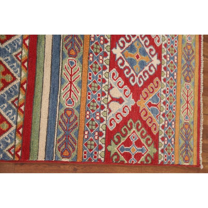Hand Knotted Oriental 100% Wool Carpet Traditional All-Over Multi-Colored Kazak Runner Rug - 13' 11'' X 2' 6''