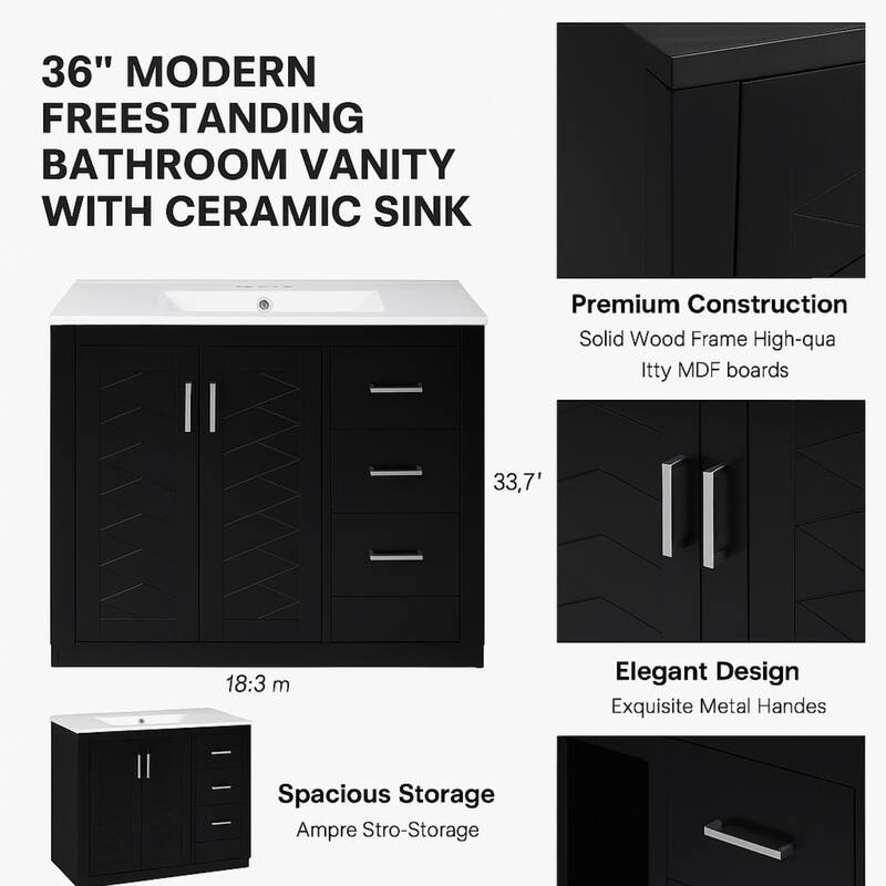 36'' Freestanding Bathroom Vanity with Sink, Solid Wood Frame, 3 Drawers