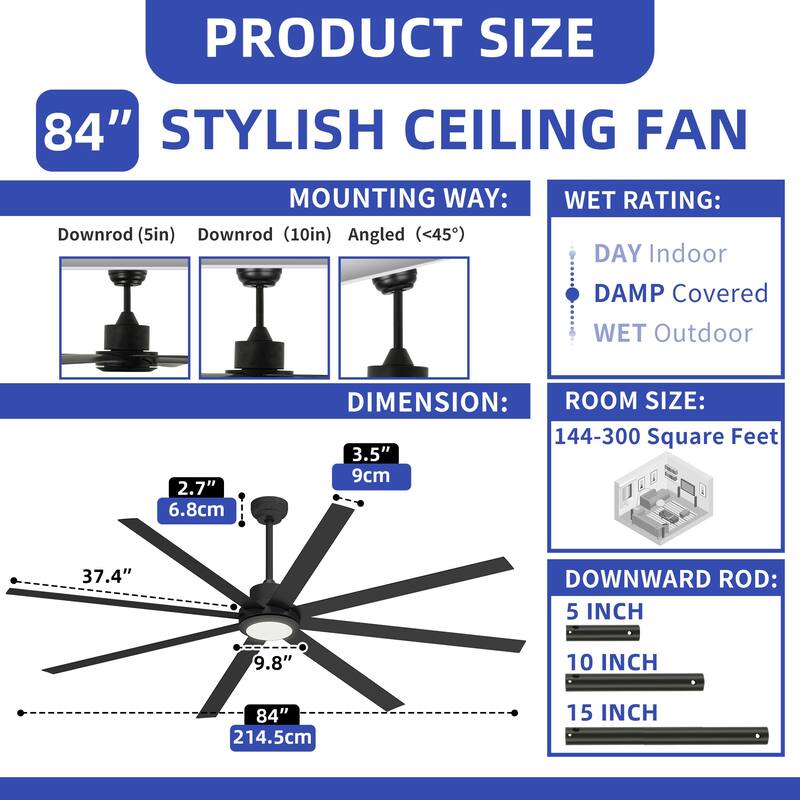 84 Inch 8 Blade Ceiling Fan with Light Remote and Quiet DC Motor - 84 Inches