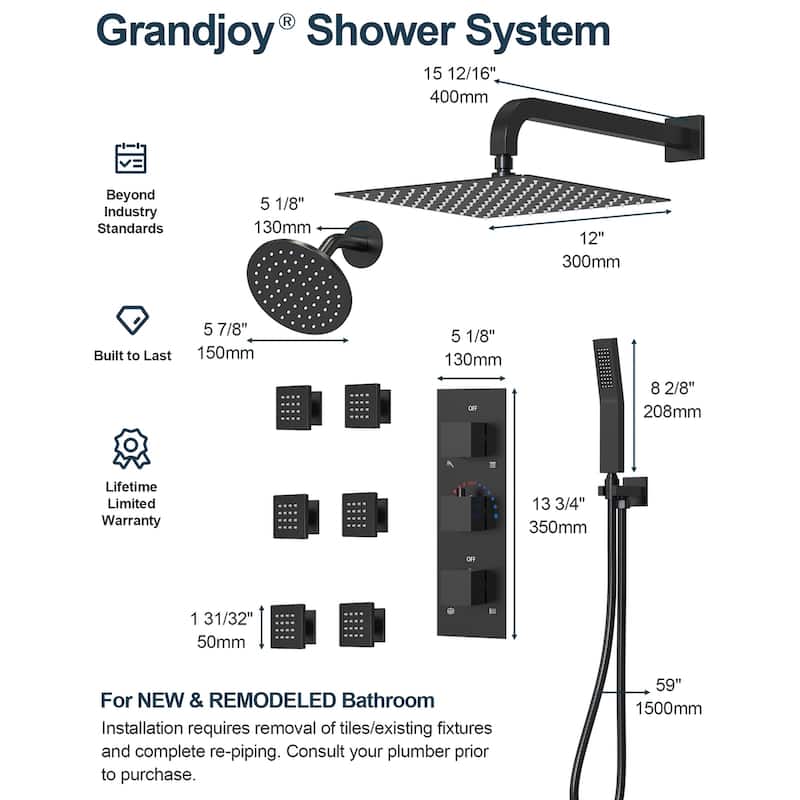 GRANDJOY 12" Wall Mounted Shower System Dual Shower Heads with 6 Body Jets