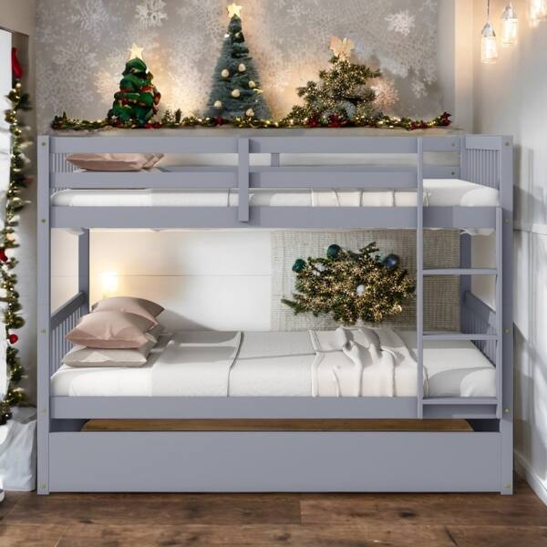slide 2 of 12, Grey Full over Full Wood Bunk Bed with Guardrails and Ladder and Twin Size Trundle