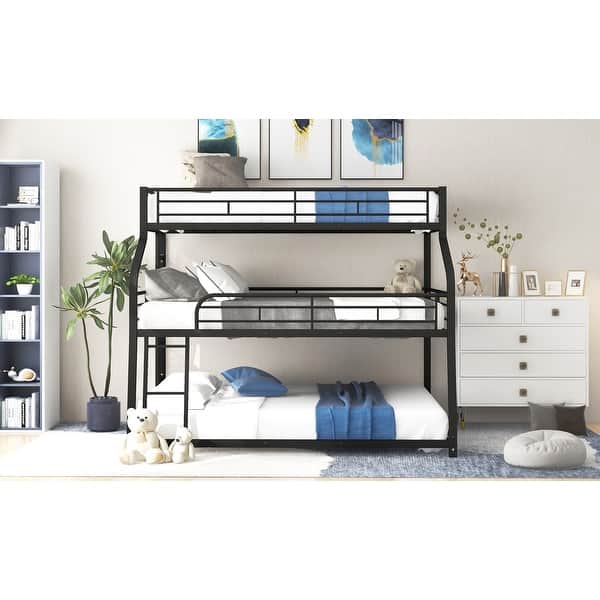 slide 2 of 10, Metal Twin XL/Full XL/Queen Triple Bunk Bed with Ladder & Full-Length Guardrails Black