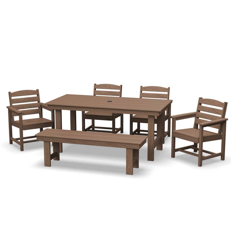 6-Piece HDPE Outdoor Dining Table Sets with Umbrella Hole - 1-Table 4-Chairs-1-Bench - Brown