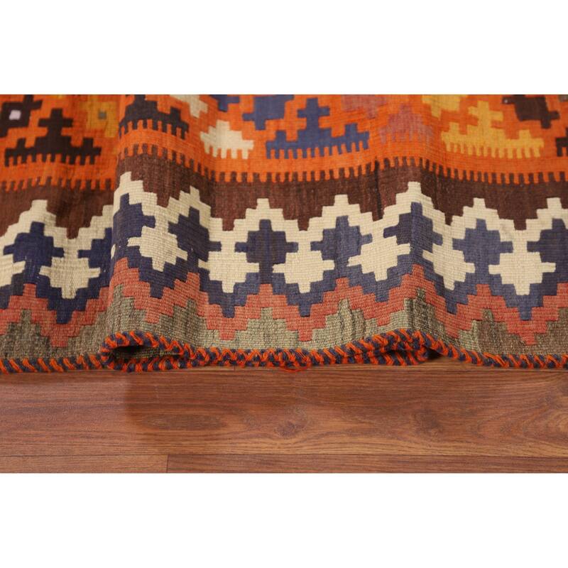 Orange Kilim Qashqai Persian Vintage Area Rug Hand-Woven Wool Carpet - 5'2"x 8'11"
