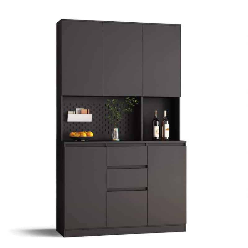 74" Modern Kitchen Pantry Cabinet with Charging Station, Microwave Stand, Drawer & Storage Cupboards