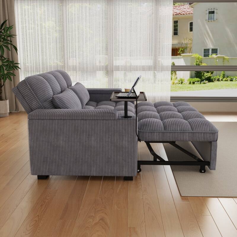 65'' Chenille 3-in-1 Folding Sectional Sofa with 360-Degree Swivel Side Table