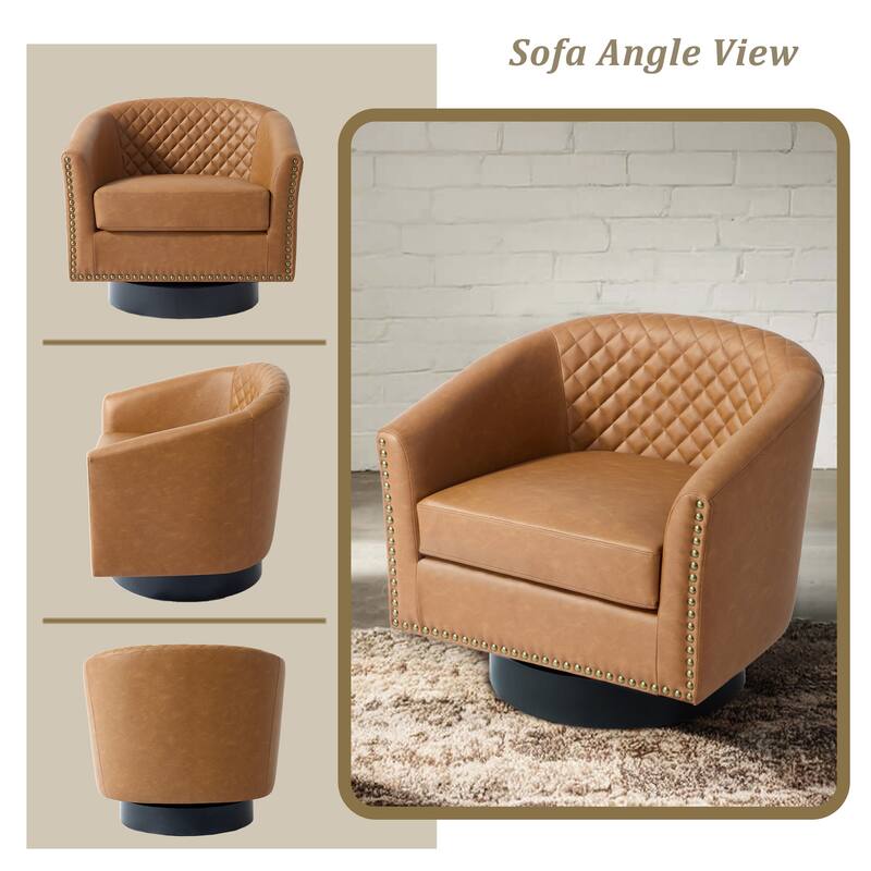 2 Set Tufted PU Vegan Leather Swivel Barrel Chair with Nailheads Trim