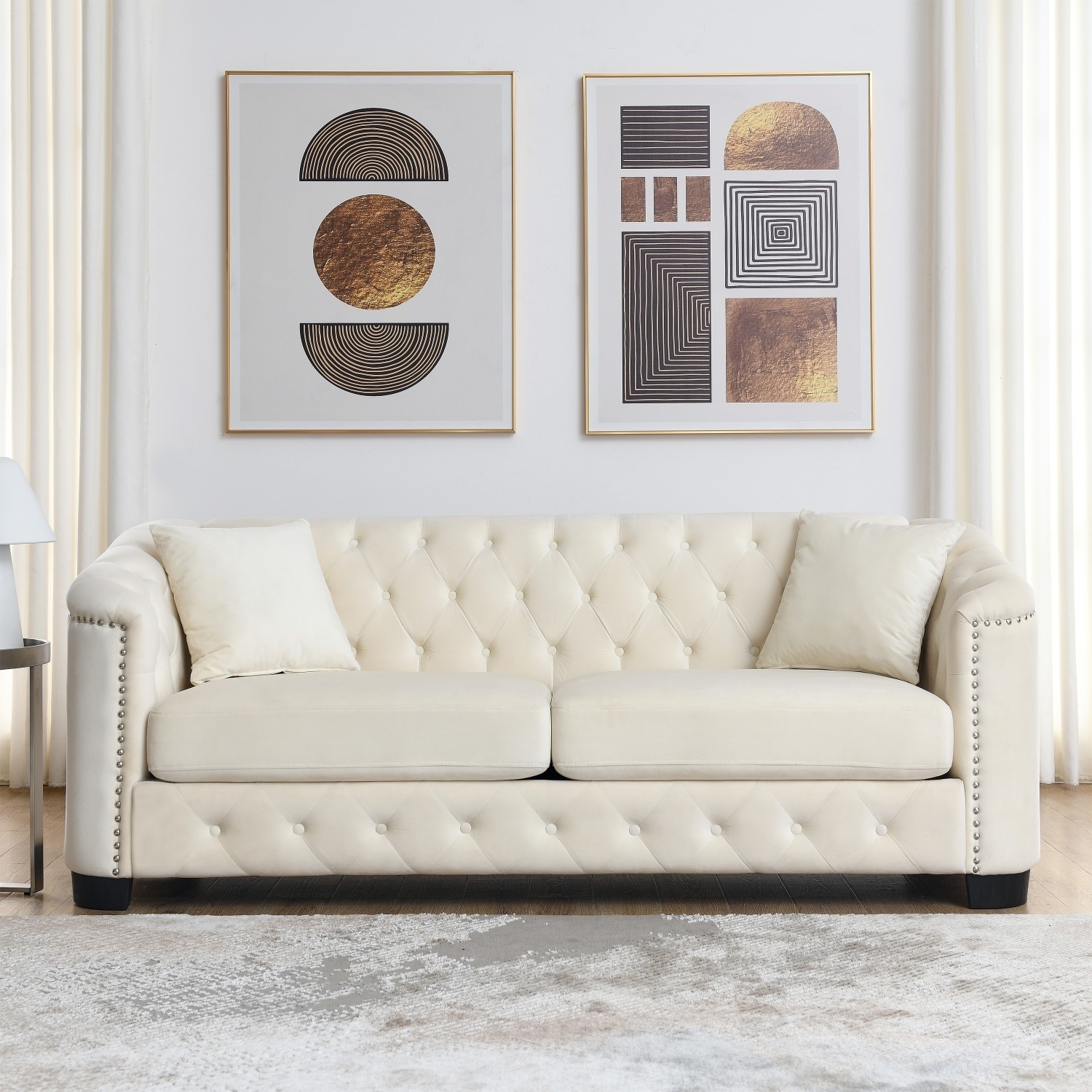 77" Velvet 3-Seater Sofa with Nailhead Arms and 2 Pillows