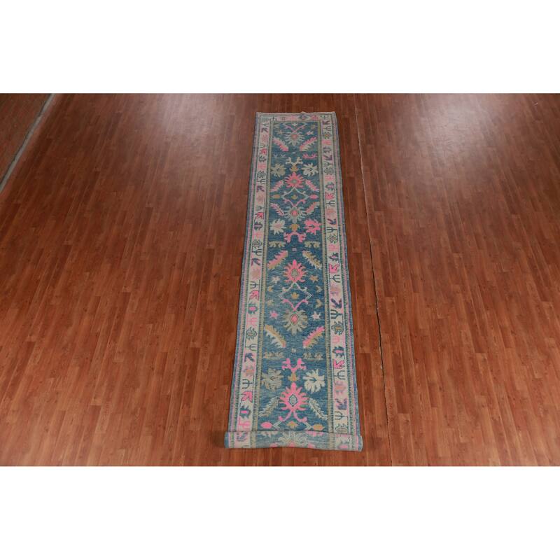 Hand Knotted Oriental 100% Wool Carpet Transitional Floral Navy Blue & Blues Oushak Runner Rug - 15' 10'' X 3' 2''