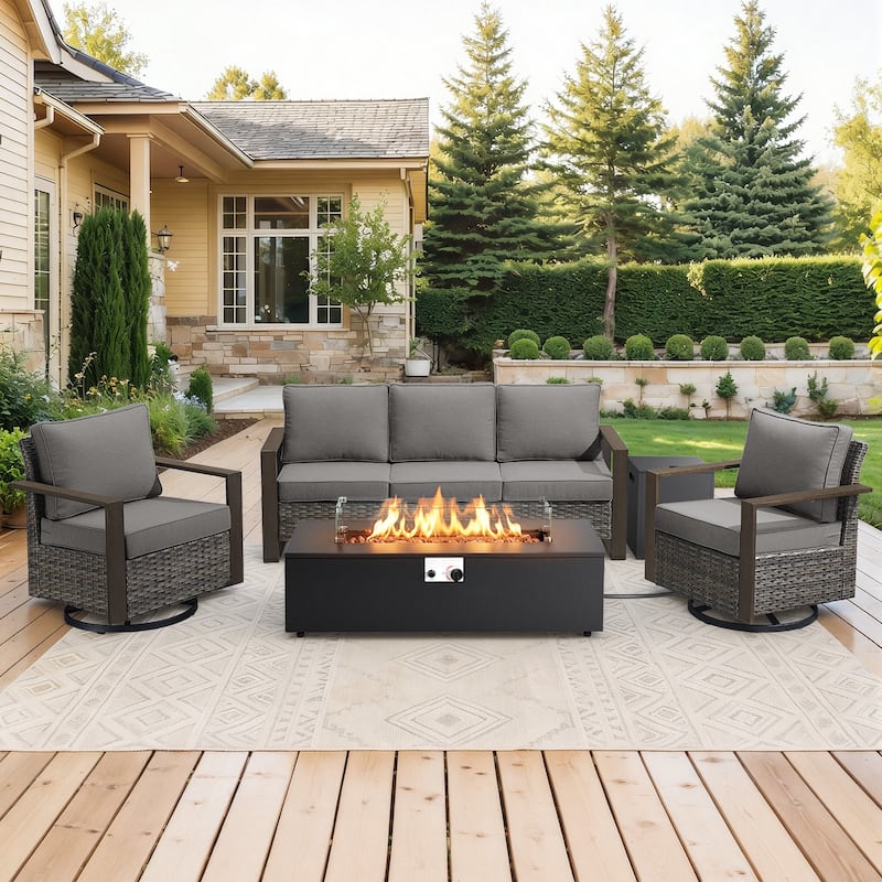 Meyreso Wicker Outdoor Patio Fire Pit Set with Swivel Gliders & 4.5-Inch Olefin Cushions