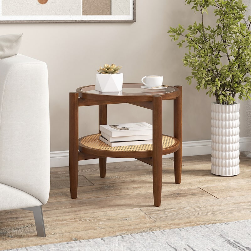 Gymax 2-Tier Round Side End Table PE Rattan Sofa Nightstand Tempered