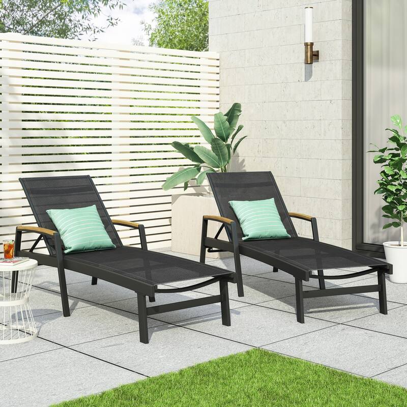 Roomfitters Oaxton Outdoor Aluminum Chaise Lounge with Mesh Seat, Adjustable Recliner, Set of 2 - Black