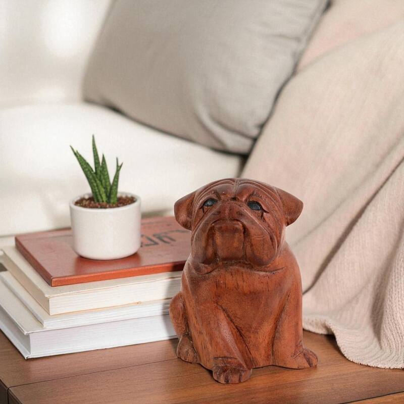 5" Wooden Hand Carved English Bulldog Figurine Statue Sculpture - 5" tall x 4" wide x 3.5" deep