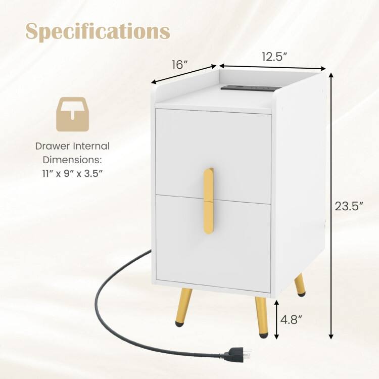 Bedside Table with Storage Drawers and USB Charging Station