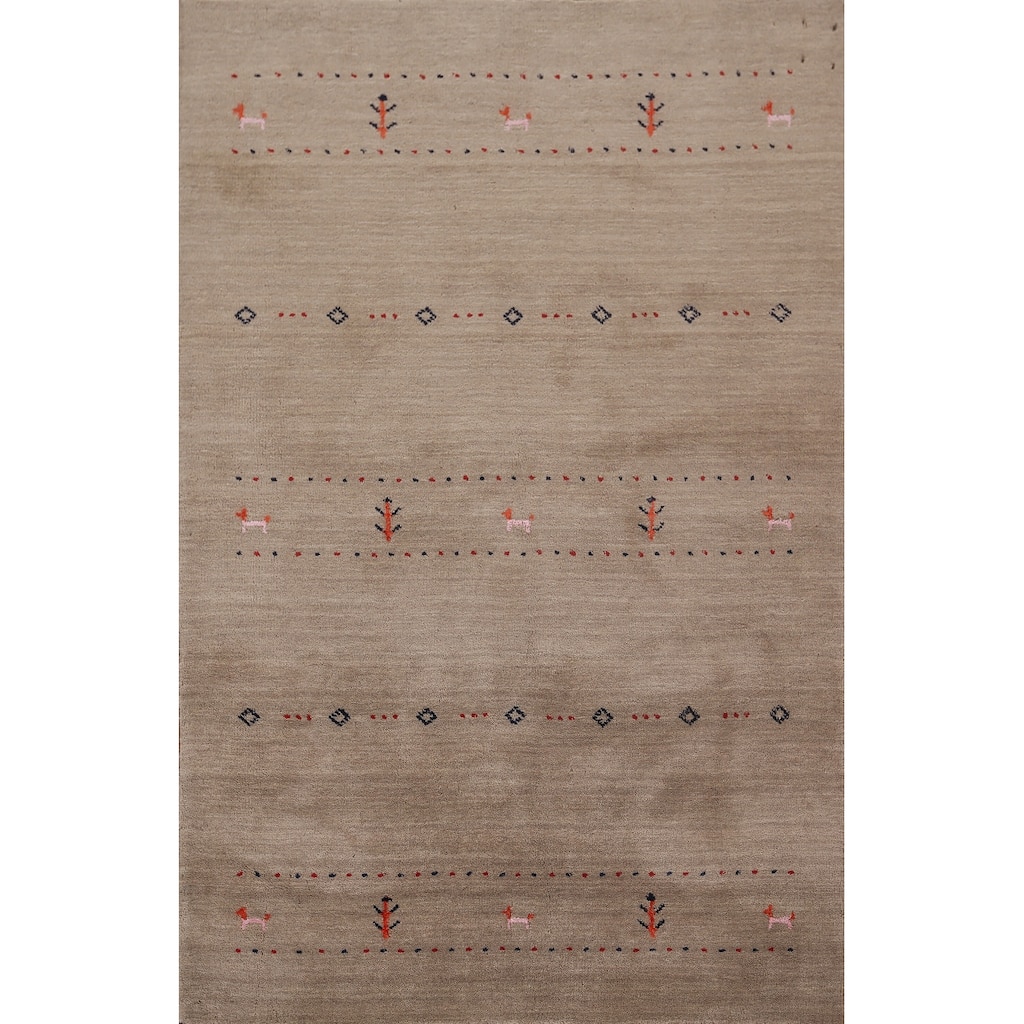 Light Brown Tribal Gabbeh Indian Accent Rug Handmade Wool Carpet - 4'0"x 5'10"