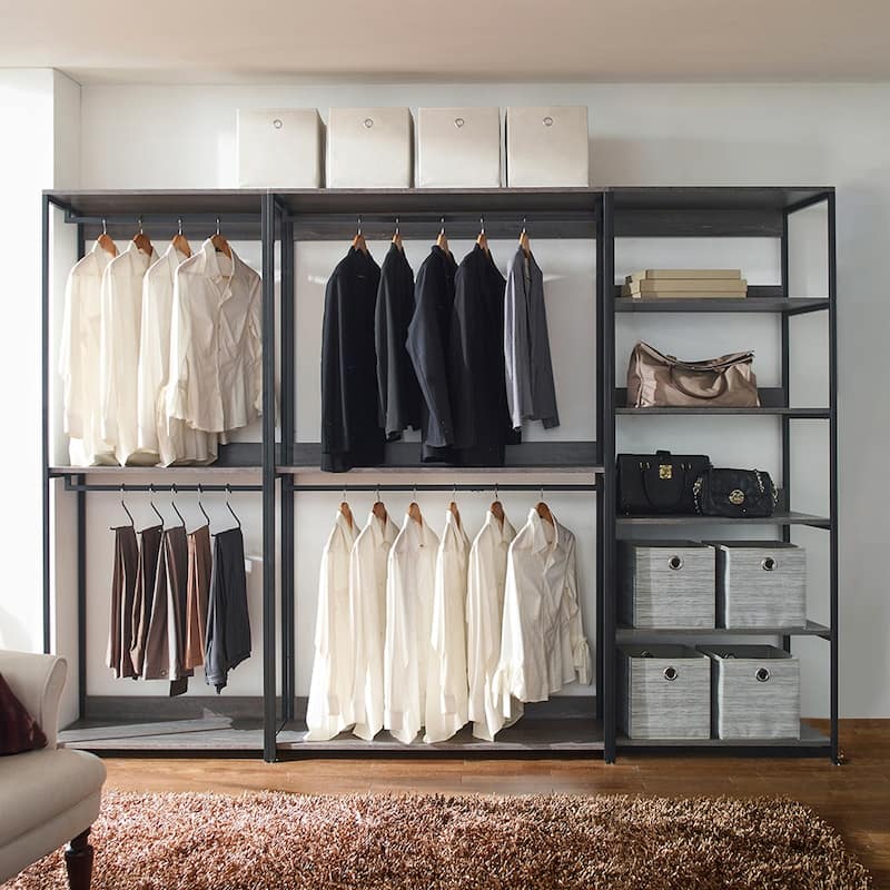 Monica Rustic Gray Freestanding Walk in Wood Closet System with Metal Frame