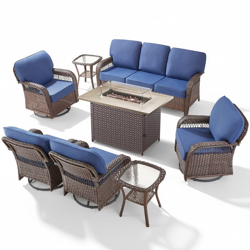 Pocassy Outdoor Fire Pit Table with Swivel Chair Sofa Ottoman Set.