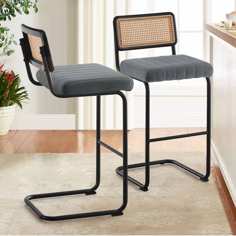 Velvet Upholstered Rattan Counter/Bar Stools, Set of 2/3