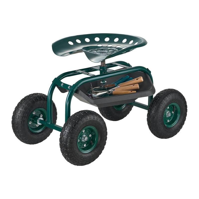 Green and Black Heavy-Duty Steel Rolling Garden Cart with Adjustable 360 Seat and Storage - 31.50×19.17×18.11/ 21.26 inches - Green/Black