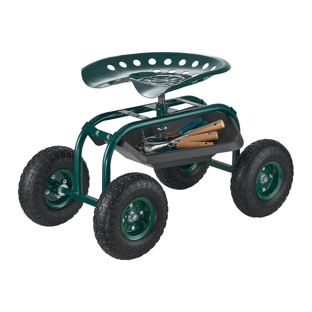 Green and Black Heavy-Duty Steel Rolling Garden Cart with Adjustable 360 Seat and Storage - 31.50×19.17×18.11/ 21.26 inches