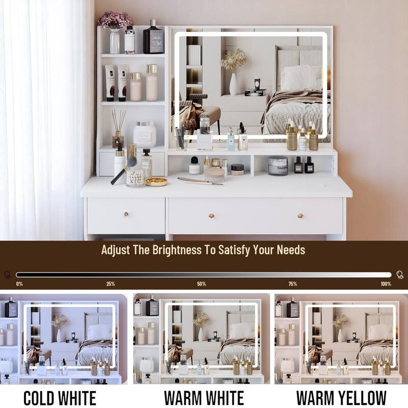 KISRAIS 41" Large Size Fashion Vanity Desk with Mirror and Lights, 3 Color Lighting Brightness Adjustable