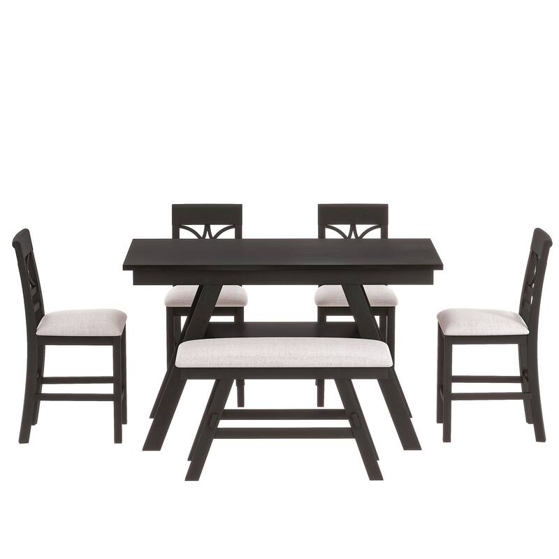 6-Piece Wood Counter Height Dining Table Set, Kitchen Dining Table Set with Storage Shelf, Table, Bench and 4 Chairs