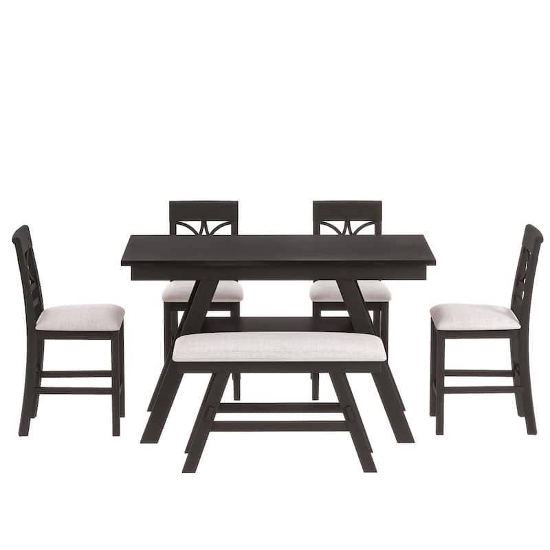 Roomfitters 6-Piece Wood Counter Height Dining Table Set with Storage Shelf, Bench and 4 Chairs, Rustic Style