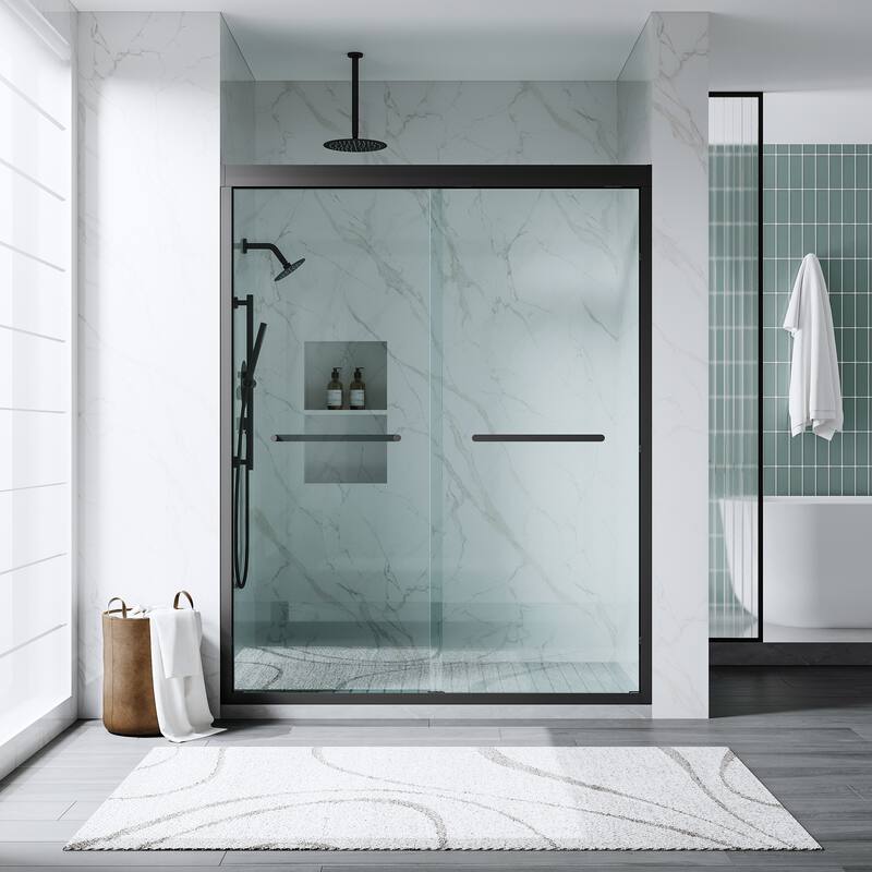56-60"W x 75"H Aluminium Alloy Frame Double Sliding Shower Door with 6mm Tempered Glass,Matte Black - 56-60"W x 75"H