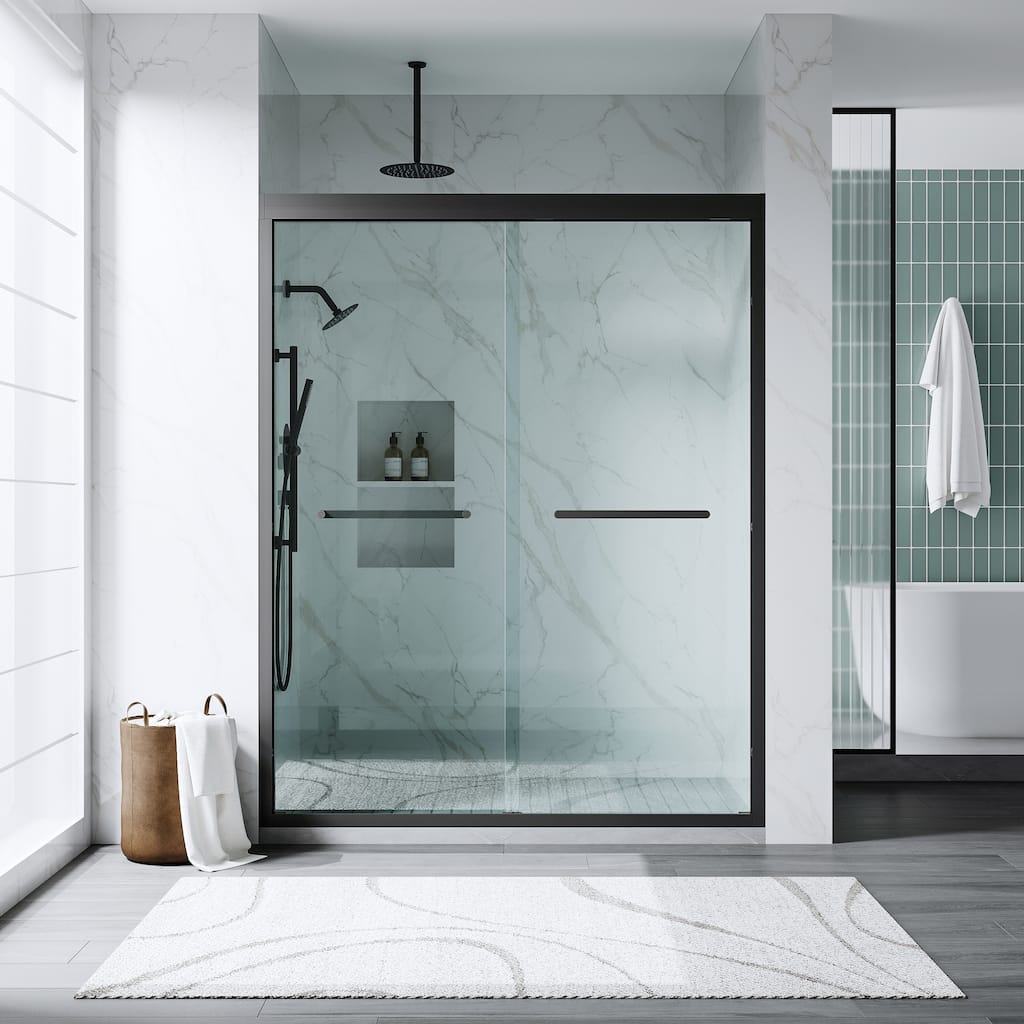 56-60"W x 75"H Aluminium Alloy Frame Double Sliding Shower Door with 6mm Tempered Glass,Matte Black - 56-60"W x 75"H