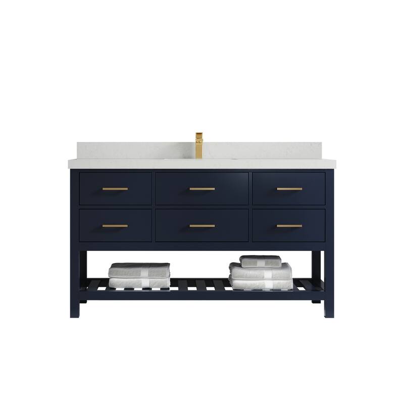 Willow Collections 60 in. W x 22 in. D Parker Single Sink Bathroom Vanity with Countertop - 2" Carrara Quartz - Navy Blue