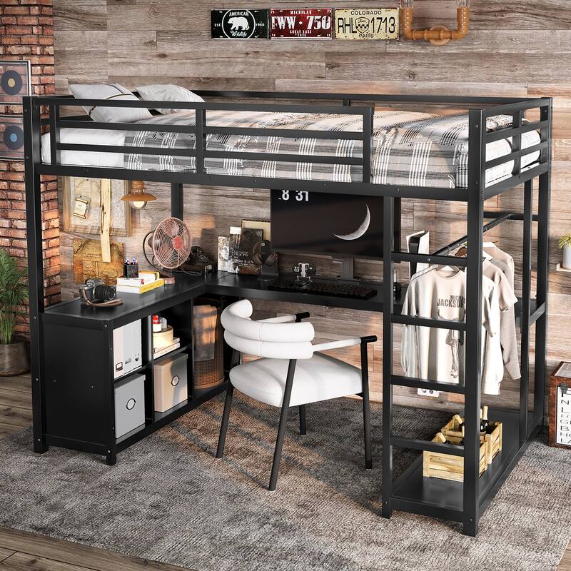 Roomfitters Metal Loft Bed with Wardrobe and L-Shaped Desk, Storage Shelves, Black