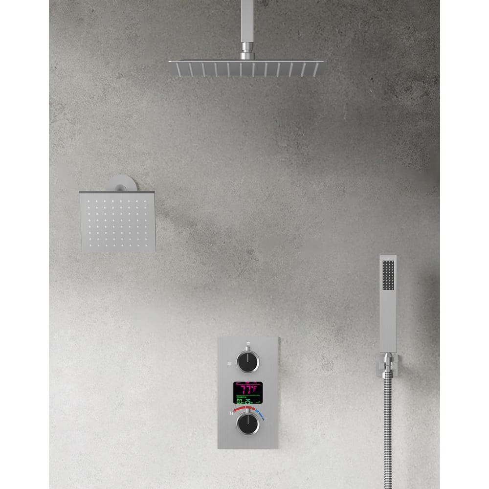 GRANDJOY Digital Display Shower System, 12" High Pressure Dual Shower Heads with Handheld Spray
