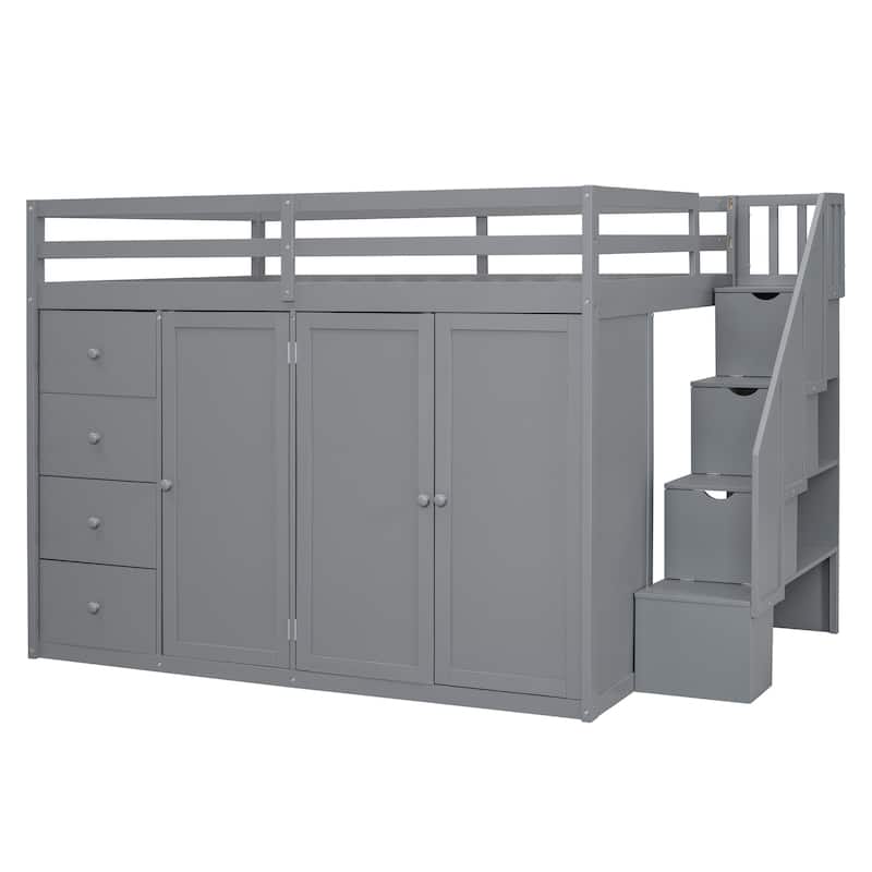 Full Loft Bed w/ Storage Staircase, 4 Drawers, Cabinet, Two Wardrobes