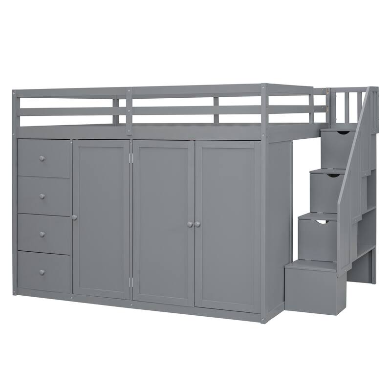 Full Size Gray Wood Loft Bed with Built-in Wardrobes, Cabinets, and Drawers