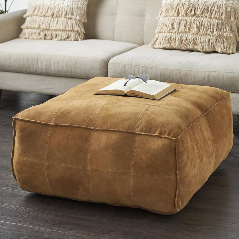 Leather Low Profile Square Pouf with Patchwork Design - Brown, Gray or Dark Brown- Roche River Decor