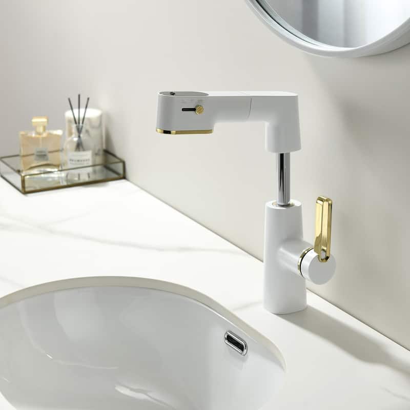 Single Handle Pull-Out Digital Display White Bathroom Faucet