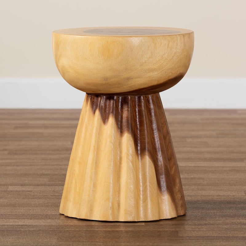 Alara Hand-carved Suar Wood Side Table - Sculptural Pedestal Table with Natural Grain, Boho Style for Living Room or Bedroom