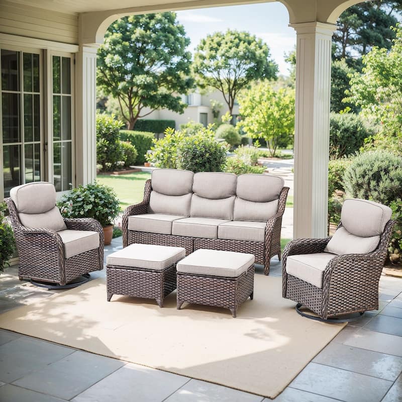 Outdoor Patio Sofa Swivel Chair with 6-Inch Thick Cushions Set - Brwon Wicker Beige Cushion - 5PCS Sofa w/ Swivel Chair Ottoman