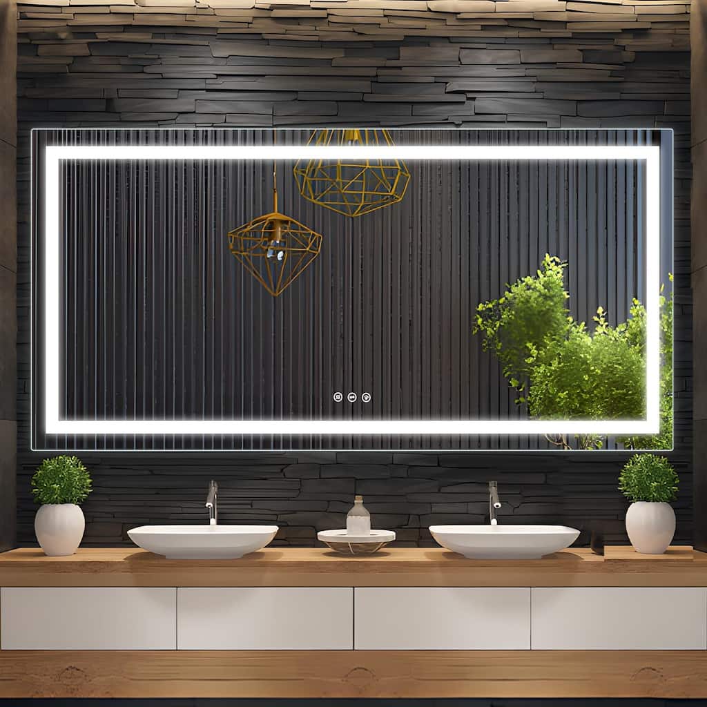 LED Bathroom Mirrorwith Front and Backlight, Stepless Dimmable Wall Mirrors with Anti-Fog