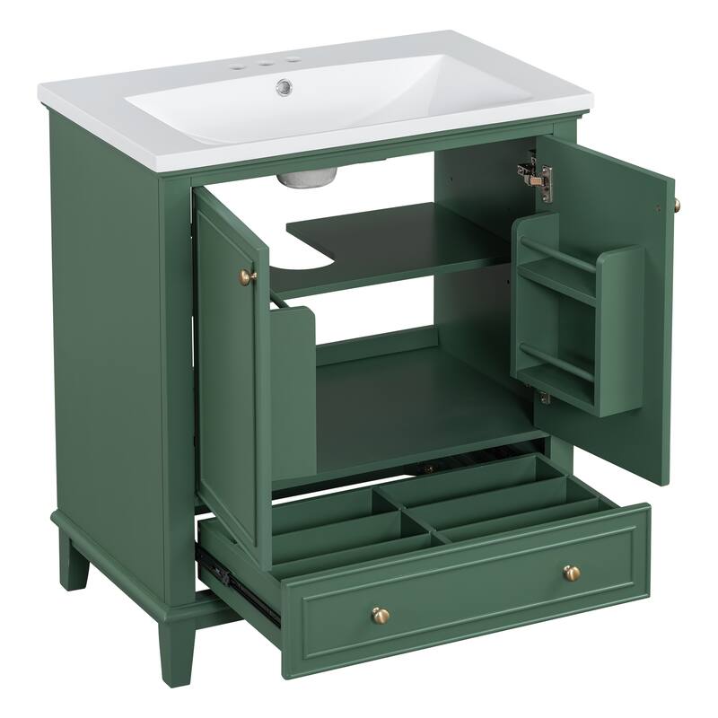 Bathroom Vanity with Ceramic Sink, Solid Wood & MDF Base, 1 Drawer & 2 Doors, Adjustable Shelf - 30in L Solid Wood+MDF