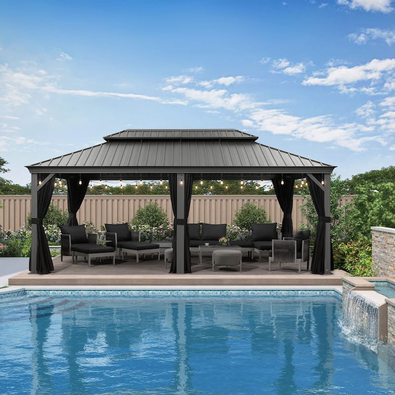 PURPLE LEAF Patio Gazebo for Backyard Hardtop Galvanized Steel Frame with Upgrade Curtain and Light - Light Grey - 12ft x 20ft
